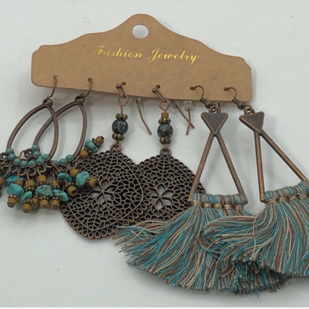 Boho Artisan Turquoise and Bronze Earring Trio #2033 - Picture 2 of 3